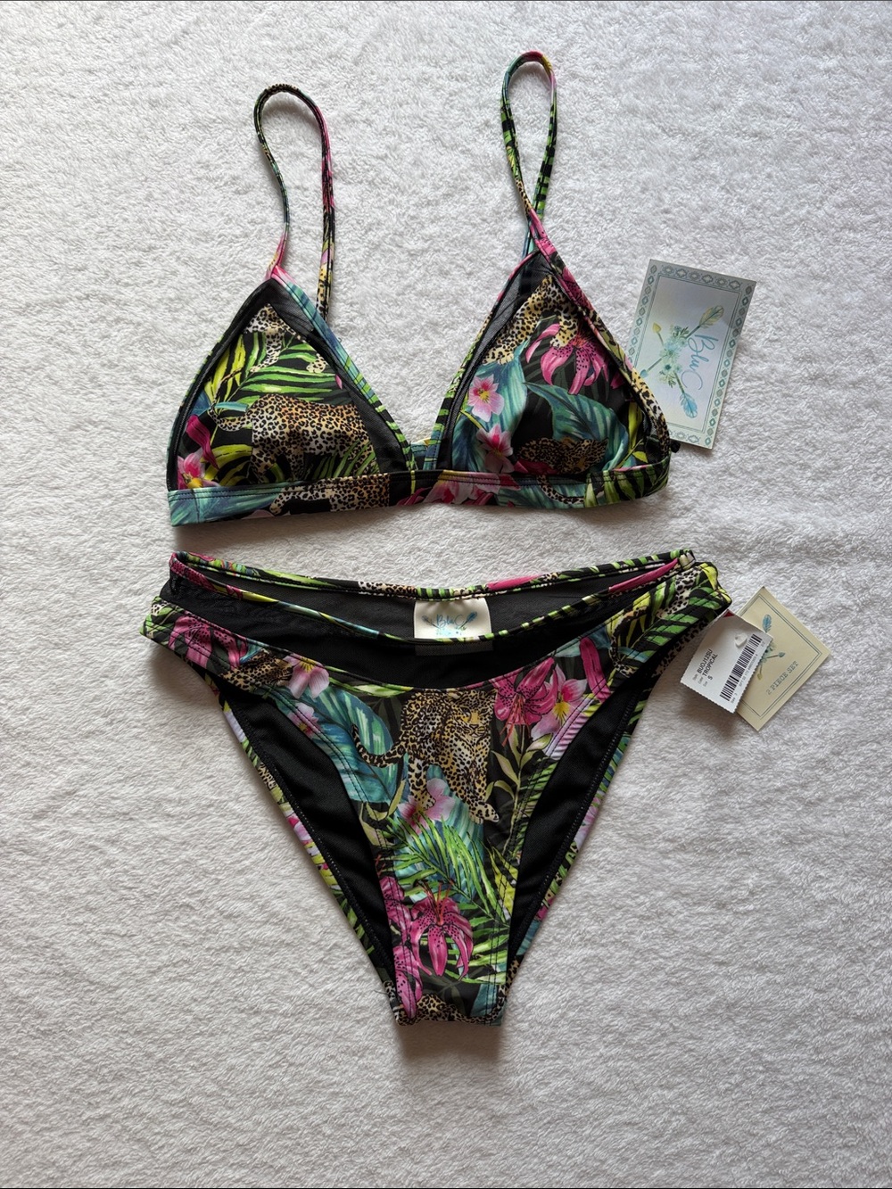 NWT BluC Jaguar Tropical Print Mesh Detail 2 Piece Bikini Set, Women's Small